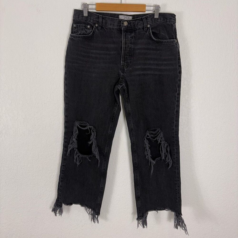 Free People‎ Cropped Distressed Jeans Black Blown Out Knees Size 29